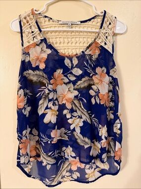 Collective Concepts Navy Floral Tank with Crochet-Trim Shoulders